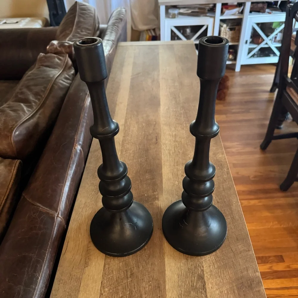 Cost Plus World Market Black Mango Wood Ringed Taper Candle Holder Matte 16